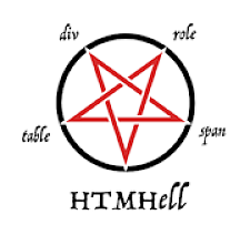 Logo HTML Hell, ein Pentagramm mit div, table, role und span an den Ecken