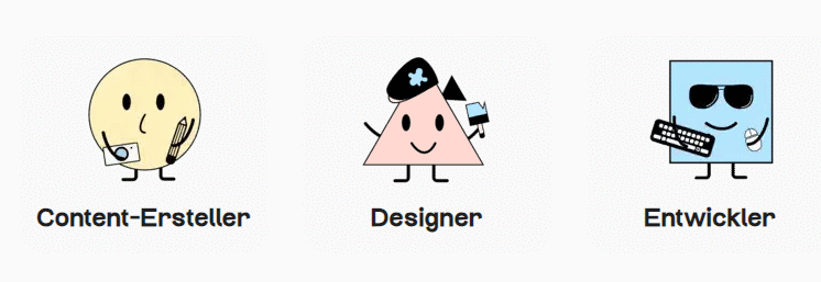 Die drei Gruppen Content-Ersteller, Designer und Entwickler als Icons dargestellt