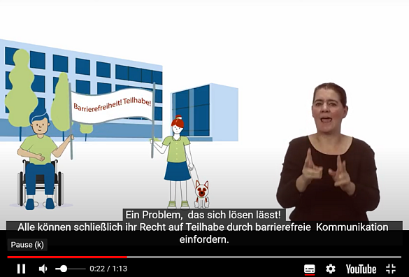 Bildausschnitt aus dem Erklärvideo der Zentralstelle auf Youtube mit dem Untertitel: Ein Problem, das sich lösen lässt. Alle können schließlich ihr Recht auf Teilhabe durch barrierefreie Kommunikation einfordern.